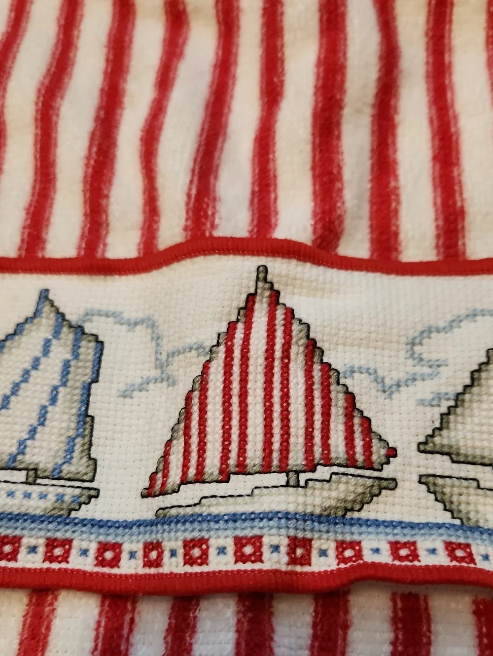 Cross Stitch Embroidered Sailboat Themed Red White Stripe 100% Cotton Dish Towel